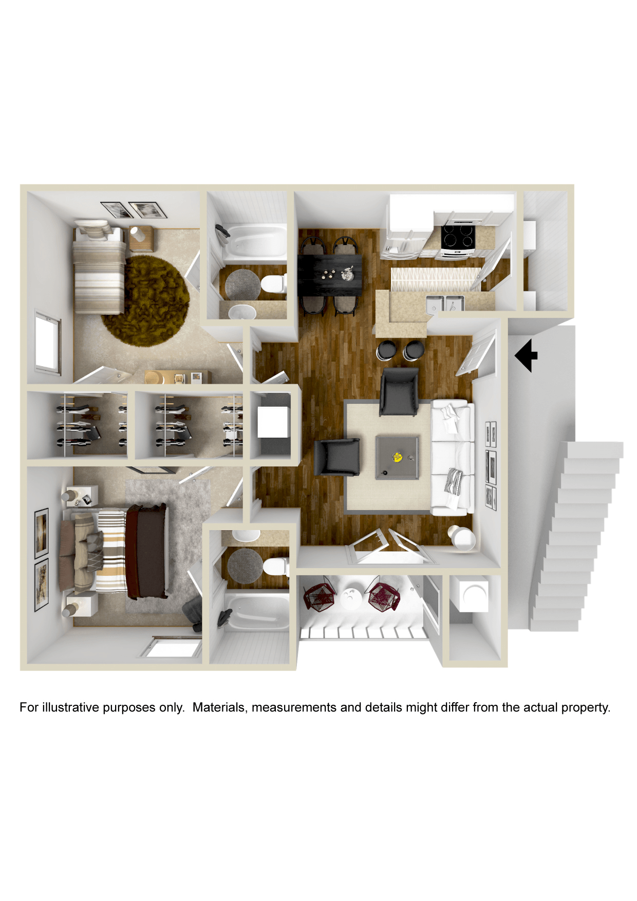Floor plan for 2 beds, 2 baths, 970 sqft